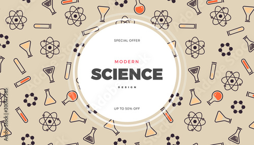 Science commercial banner. Retro style vector scientific background, cute vintage chemistry, physics or biology template for poster or web page design
