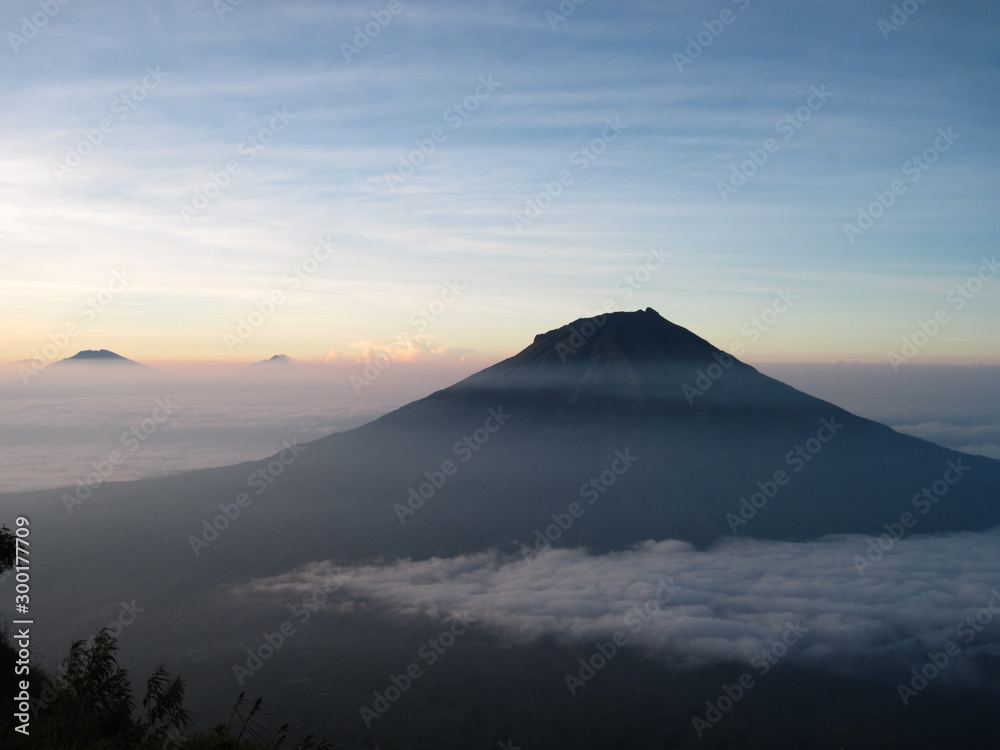 Sunrise in the mountains. Mount Sumbing seen from Mount Sindoro, Central Java, Indonesia [2167]