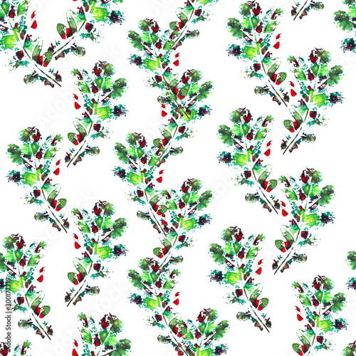 Wallpaper Mural Pattern seamless with green red leaves oak on white background, for material, postcards, invitations, greeting cards, clothes, paper, holiday, wallpaper, textile. Painted in watercolor Torontodigital.ca