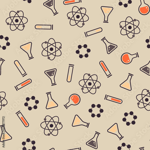 Science seamless pattern. Retro style vector scientific background, cute vintage chemistry, physics or biology template for wrapping paper, web design, patchwork, sewing or sheet fabric