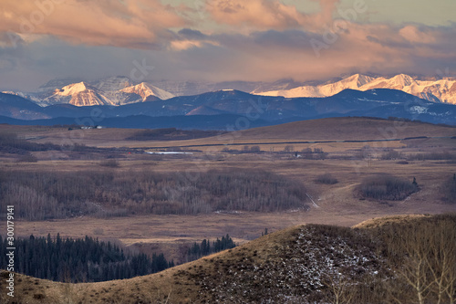 Sunrise over Alberta Foothills and Rocky Mountains, near Cochrane photo