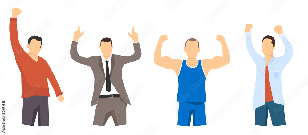 Fototapeta premium Portraits of successful and confident people. People are winners. Businessman, athlete, office worker, student. Winner man.Flat, vector cartoon illustration.