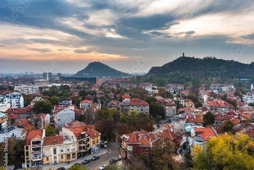 Panoramic autumn sunset over Plovdiv - european capital of culture 2019 and oldest living city in Europe, Bulgaria