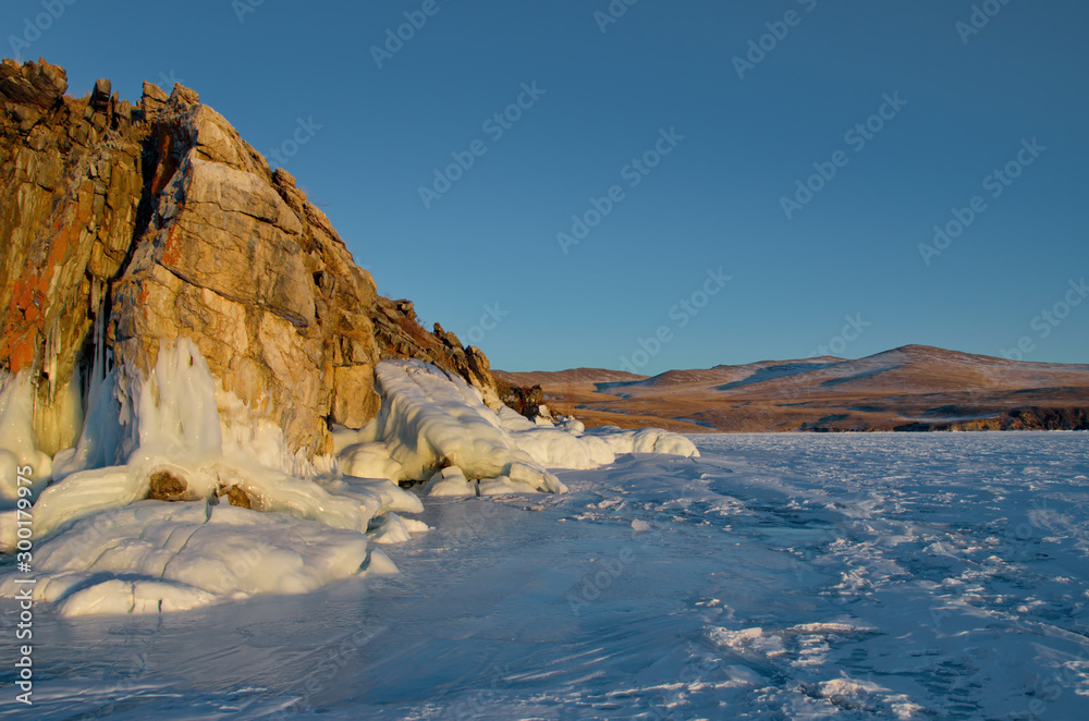 Russia. Fancy icy rocks of lake Baikal.