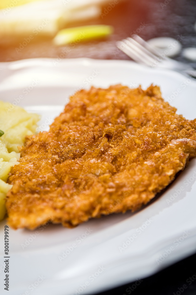 Chicken steak or schnitzel with mashed potatoes Chicken steak or schnitzel with mashed potatoes