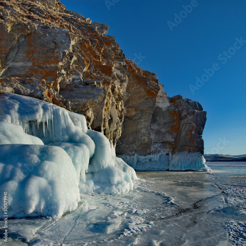 Russia. Fancy icy rocks of lake Baikal.