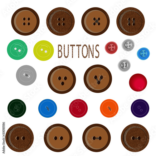 Set of buttons for your design. Different sizes and colors. Large wooden buttons.