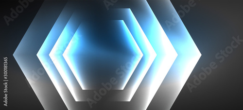 Fototapeta Naklejka Na Ścianę i Meble -  Neon color hexagon shapes, lines on black background. Modern template for web backdrop design. Abstract geometric frame