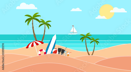 View of the beach and the sea with beach umbrellas, palm trees, a surfboard, flippers and a beach towel. Vector, cartoon illustration of a sea