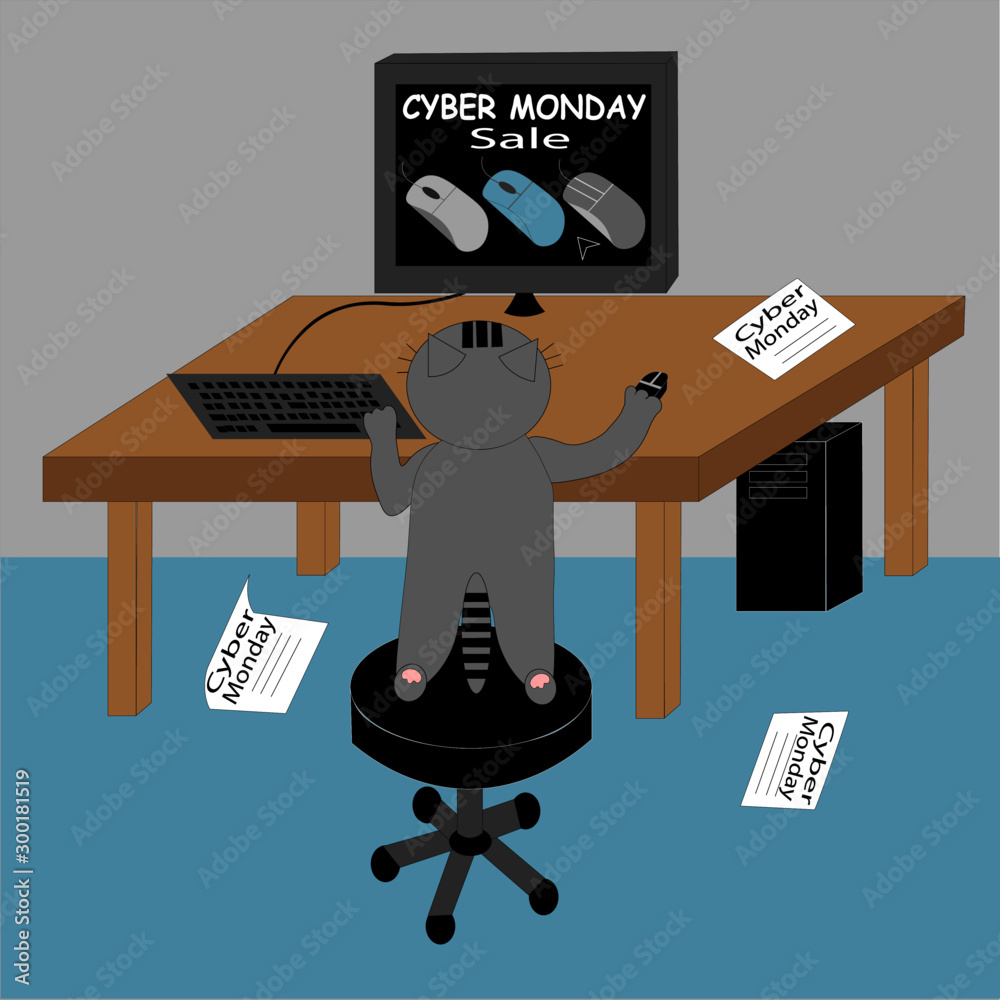 Waiting for Cyber Monday. Cat at the computer hesitates what computer