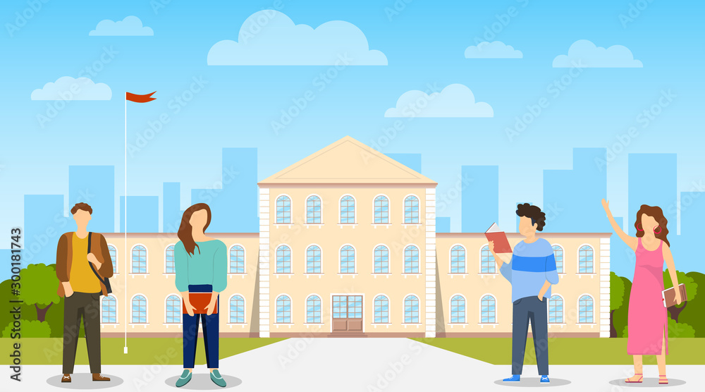 A group of students stand near the university. Students with books stand against the backdrop of the university and the blue sky. Vector, cartoon illustration of education A group of students stand near the university. Students with books stand against the backdrop of the university and the blue sky. Vector, cartoon illustration of education