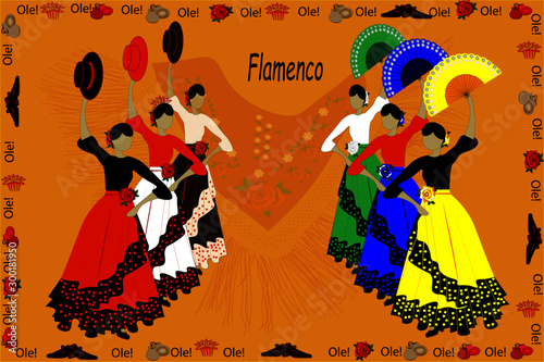 Playbill for flamenco festival. Dancers in traditional spanish costumes.