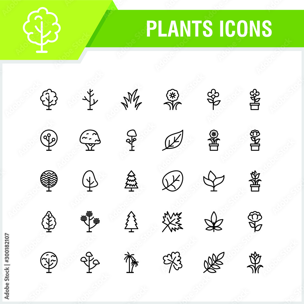 Plants icon set with simple line design