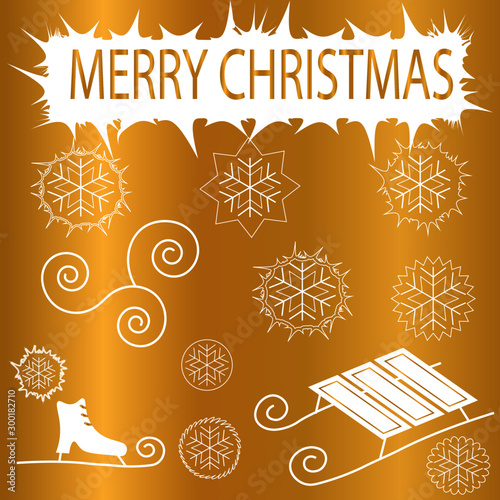 Set of white winter attributes. Snowflakes in snowballs, sledge,  skate. Text Merry Christmas. Can be Christmas card.