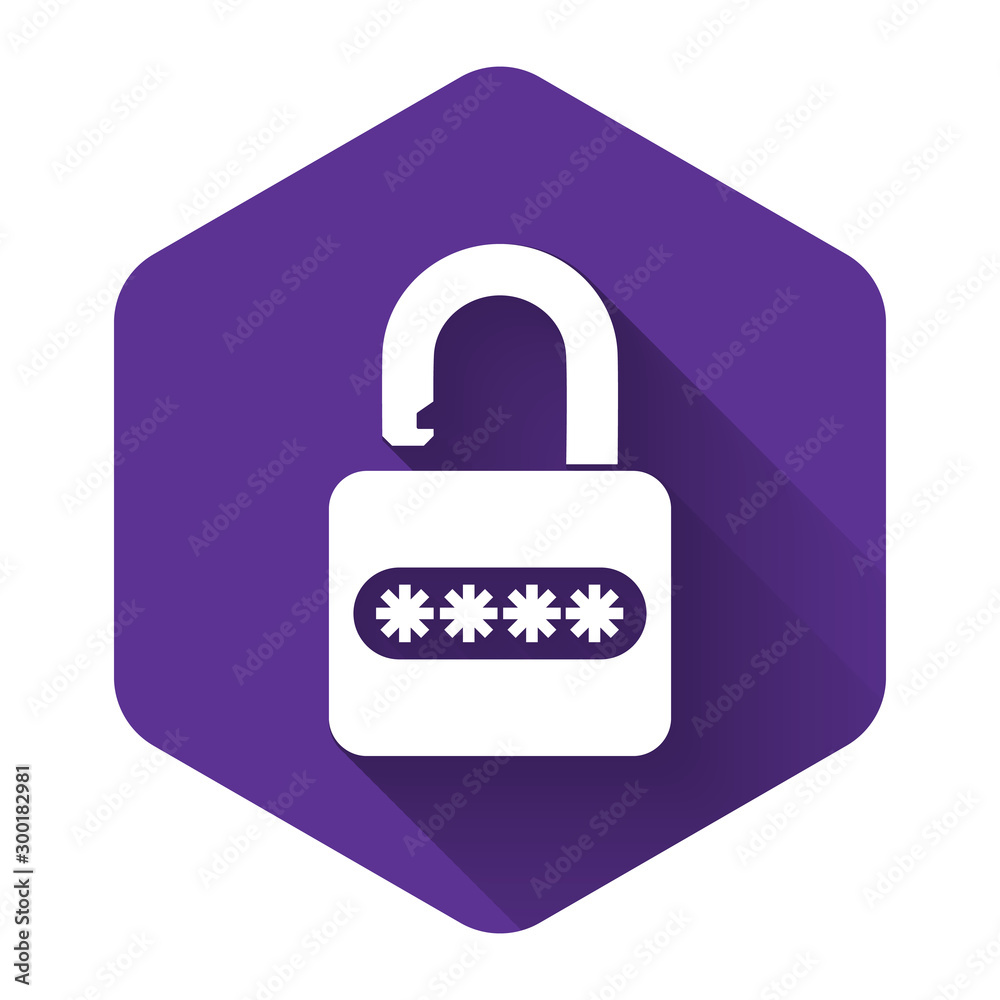 White Password protection and safety access icon isolated with long shadow. Lock icon. Security, safety, protection, privacy concept. Purple hexagon button. Vector Illustration White Password protection and safety access icon isolated with long shadow. Lock icon. Security, safety, protection, privacy concept. Purple hexagon button. Vector Illustration