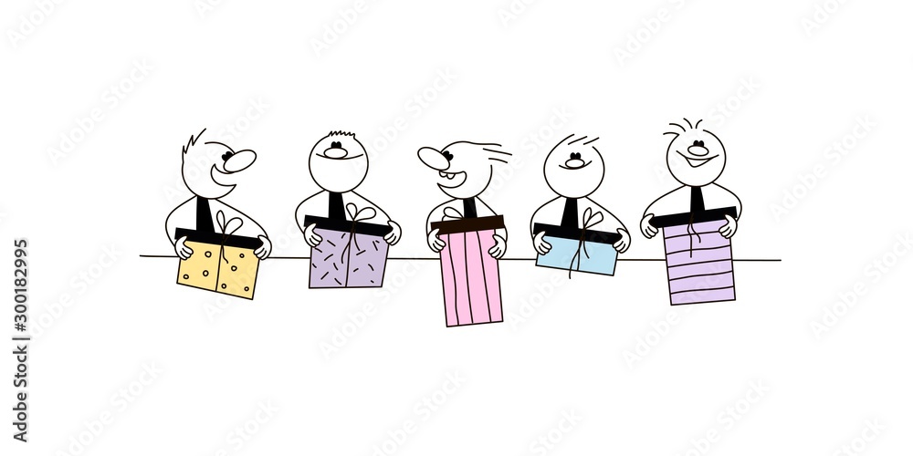 Doodle stick figure: Happy men with gift boxes. Doodle stick figure: Happy men with gift boxes.