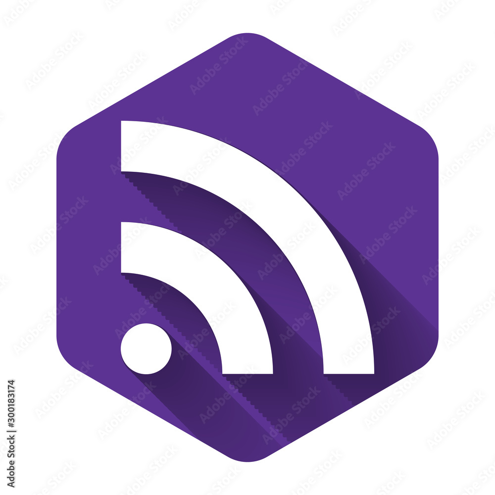 White RSS icon isolated with long shadow. Radio signal. RSS feed symbol. Purple hexagon button. Vector Illustration White RSS icon isolated with long shadow. Radio signal. RSS feed symbol. Purple hexagon button. Vector Illustration