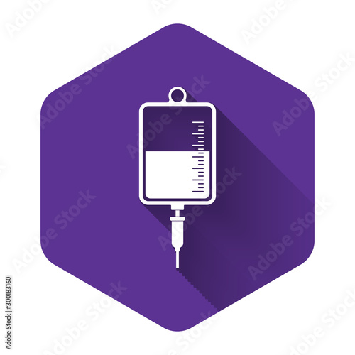 White IV bag icon isolated with long shadow. Blood bag icon. Donate blood concept. The concept of treatment and therapy, chemotherapy. Purple hexagon button. Vector Illustration