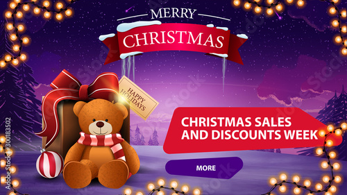 Christmas sales and discount week, horizontal discaunt banner with garland, present with Teddy bear and winter landscape on the background