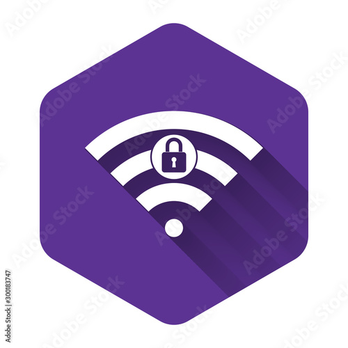 White Wifi locked sign icon isolated with long shadow. Password Wi-fi symbol. Wireless Network icon. Wifi zone. Purple hexagon button. Vector Illustration photo