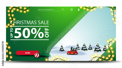 Christmas sale, up to 50% off, green discount banner with garland, button and cartoon winter landscape with red vintage car carrying Christmas tree