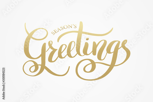 Season's Greetings brush calligraphy vector banner. Lettering winter frosty card white text on a snowy background. Christmas posters, cards, headers, website