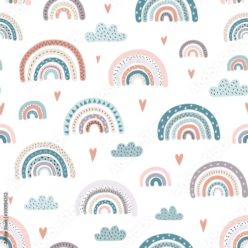 Fototapeta Cute rainbows and hearts seamless pattern. Adorable background