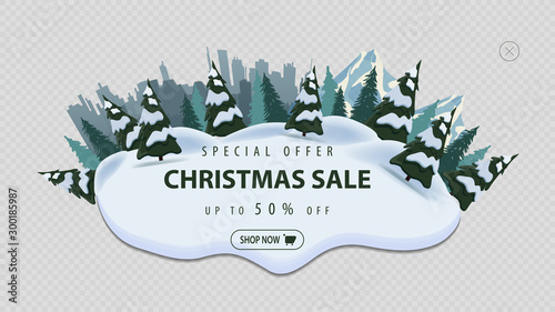 Special offer, Christmas sale, up to 50% off, modern discount banner with pines, drifts, mountain and city on horizont