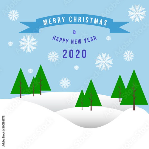 Christmas or New Year greeting card. Winter forest with snow-covered hills and Christmas trees