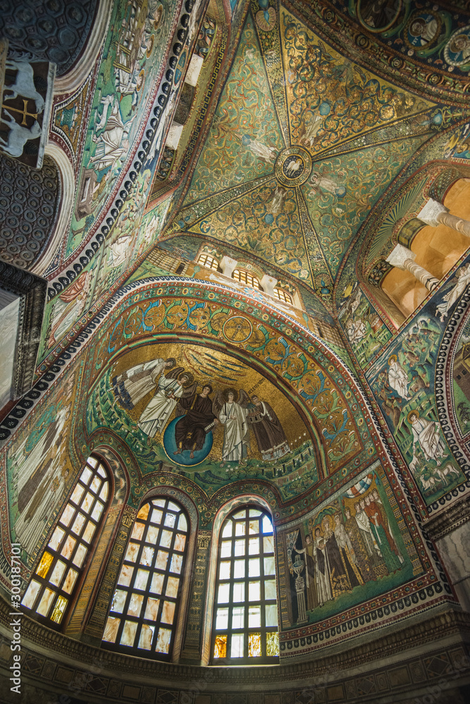 Ravenna, Italy - September 11, 2019: Interior of Basilica of San Vitale, which has important examples of early Christian Byzantine art and architecture. It was resignated as Unesco World Heritage. 