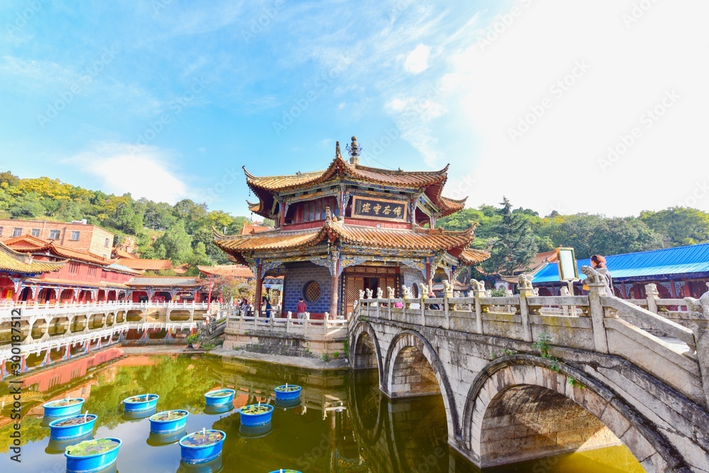 Stone Bridge and Chinese Pavilion at Yuantong Temple in Kunming
