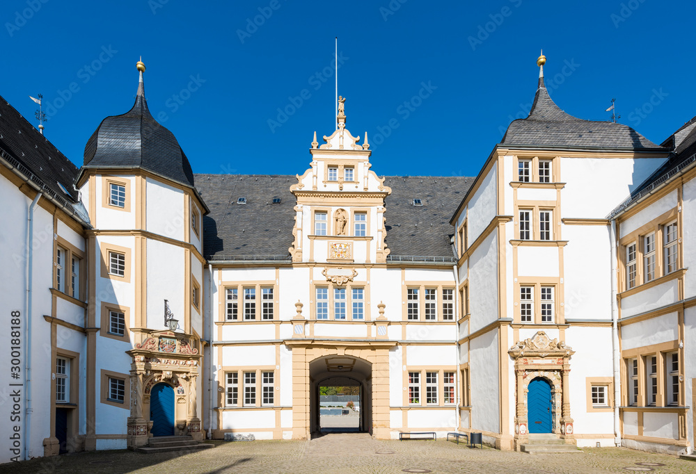 The courtyard of Neuhaus Castle, former residence of bishop princes, is quite a famous Renaissance castle near Paderborn. North Rhine-Westphalia, Germany, Europe