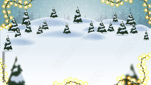 Christmas background, cartoon landscape, forest with snowdrifts and small pines.