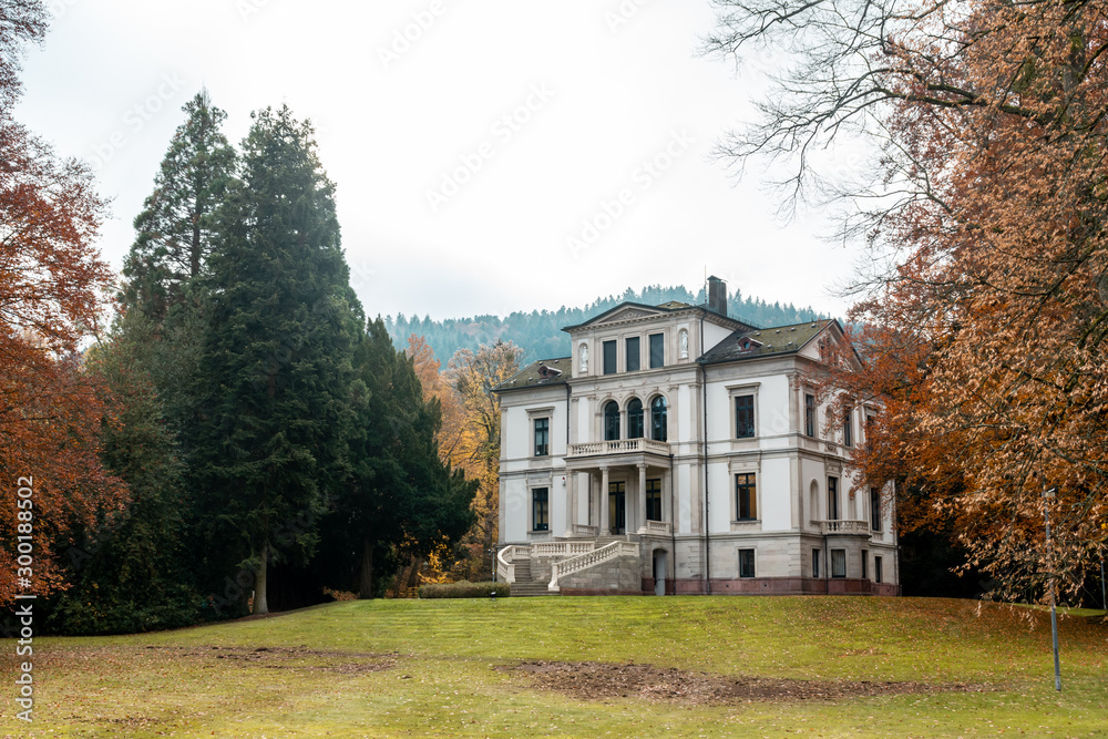 A panoramic view of a typical huge film mansion and its garden, autumnal aesthetic. The location is the Black Forest region, in Germany.