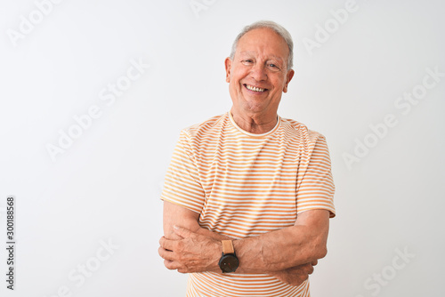 Senior grey-haired man wearing striped t-shirt standing over isolated white background happy face smiling with crossed arms looking at the camera. Positive person. photo