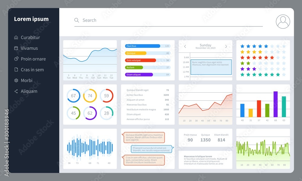 Dashboard. Progress bars, finance analytics data charts with ui. Report diagrams, graphs and interface for web application vector mockup