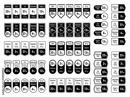 Nutrition facts labels. Calories and ingredient information, nutritional micronutrients quality indicators for diet calculating vector set