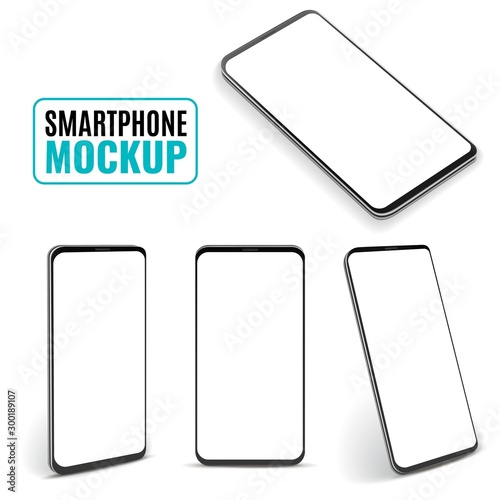 Smartphone mockup. Modern frameless smartphones, generic cell phone device side and top, isometric view design. 3d isolated vector mockup