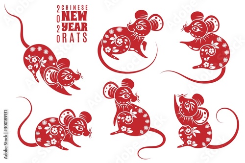 New year 2020 rat. Red rats with asian pattern elements. Chinese astrological holiday symbol for creative zodiacal calendar vector set