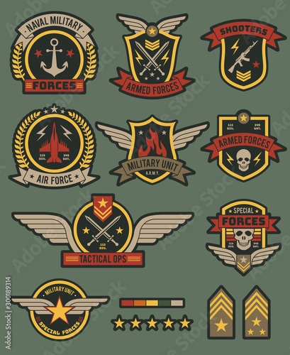 Military army badges. Patches, soldier chevrons with ribbon and star. Vintage airborne labels, t-shirt graphics, military style vector set photo