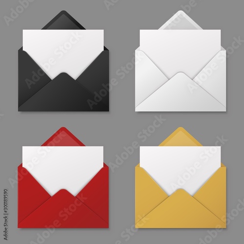 Open envelope. Black, red and white, yellow mail envelopes with blank paper letter sheet. 3d email icons vector isolated mockups set