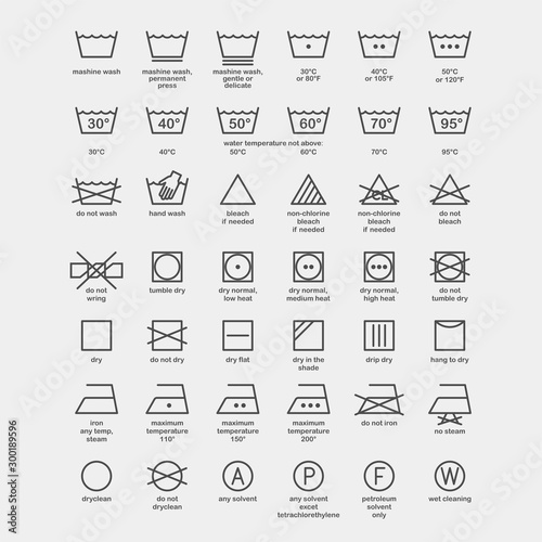 Laundry and ironing vector symbols. Machine wash flat vector icons