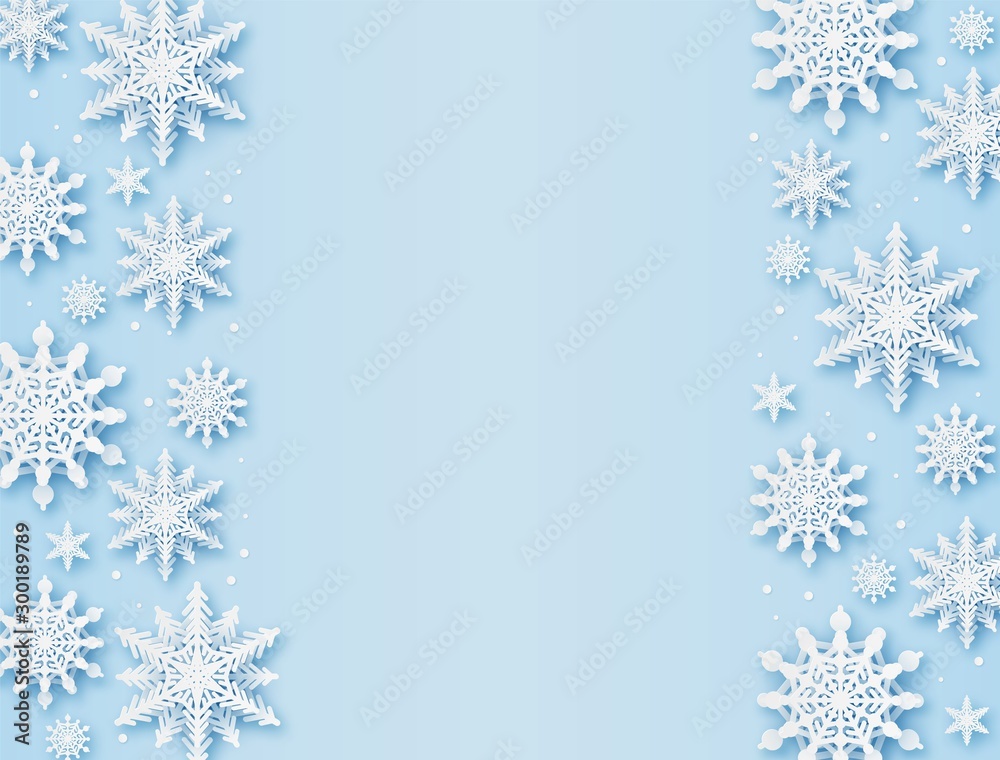 Christmas greeting card. Paper cut snowflakes xmas, happy new year and winter holidays vector background with snow pattern