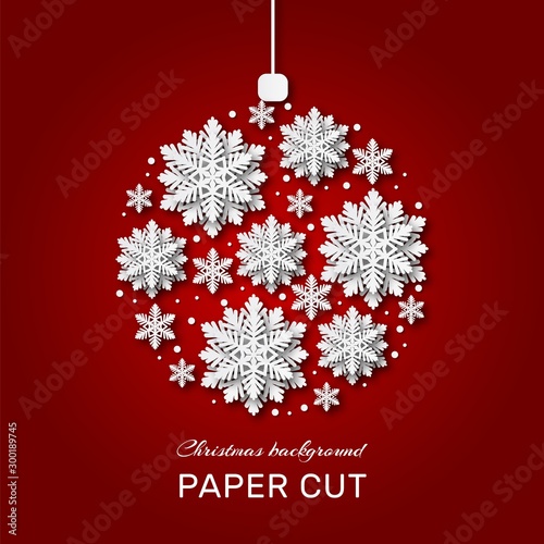 Christmas snowflakes. Paper cut ice winter white crystals in shape of christmas tree toy on red. Vector abstract origami background