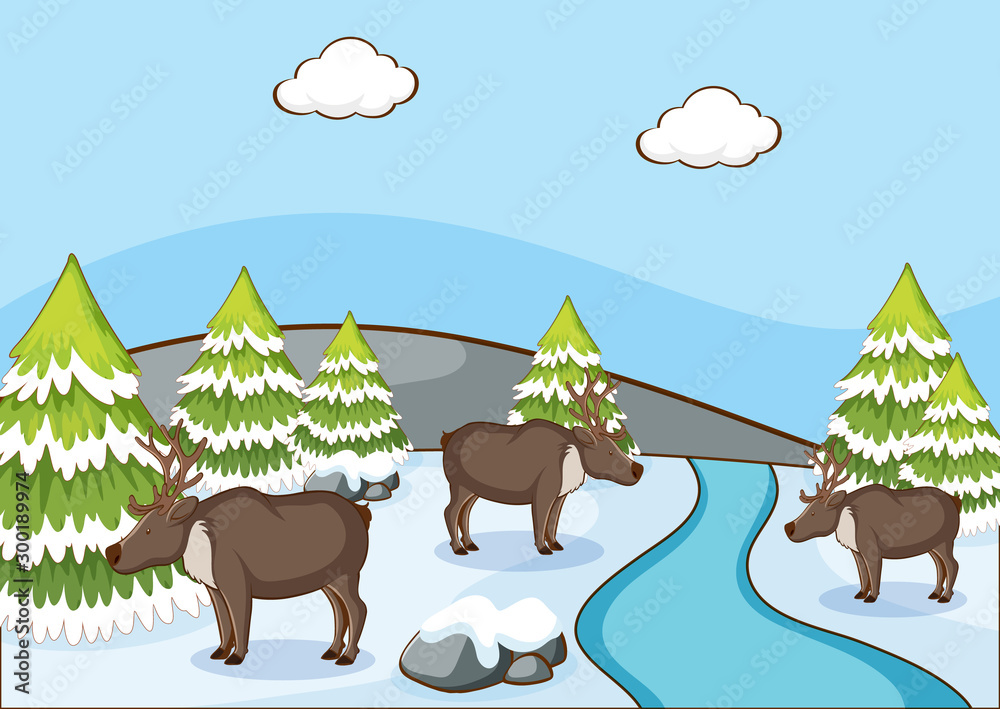 Fototapeta premium Scene with reindeers on snow mountain