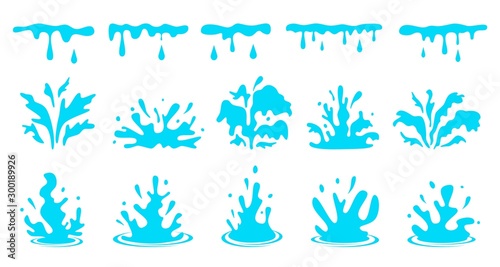 Cartoon water splashes. Blue flowing liquid, aqua stream with drops. Sea splashing motion isolated vector set