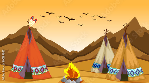 Scene with teepee and campfire photo