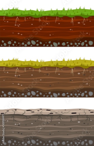 Soil ground layers. Seamless ground, earth drying process. Dirt clay surface texture with stones and grass. Vector set