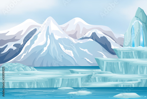 Scene with snow on mountains