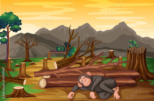 Background scene with monkey and deforestation